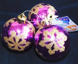 Набор шаров новогодний цветной с золотым рисунком 3 шт, 6 см, 3 цвета, связка, блестящие