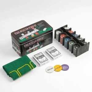 Покер, набор для игры в покер (карты 2 колоды, фишки 200 шт. с номиналом, 60 х 90 см фишка диллера