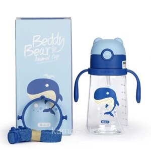 Детская бутылка для воды Синий кит с трубочкой, 380 мл