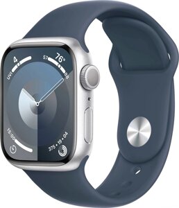 Умные часы Apple Watch Series 9 41 мм алюминиевый корпус, серебристый/грозовой синий, спортивный силиконовый ремешок M/L