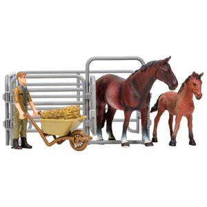 Набор фигурок, 6 предметов: Фризская конь и жеребенок, фермер, ограждение-загон, инвентарь