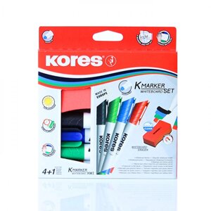 Набор маркеров для доски "Kores", 4 шт, с щеткой, ассорти