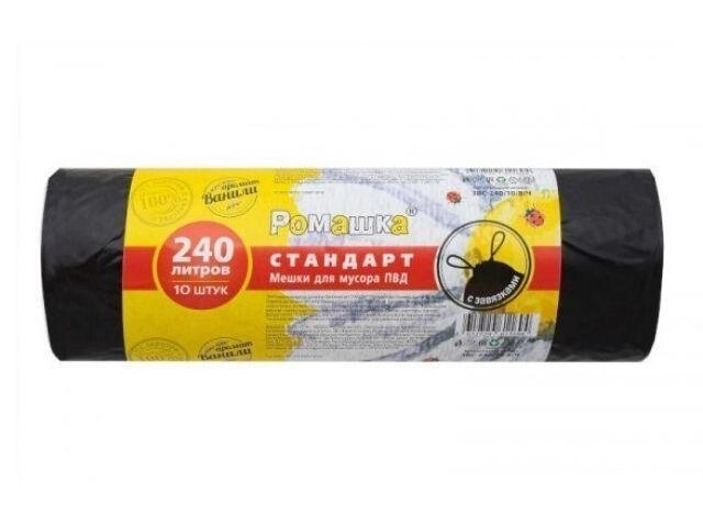 Мешки для мусора с завязками, 240 л, 10 шт, "Стандарт", черные, РОМАШКА (110х115 см/30 мкН) от компании ЧТУП «АннаДекор» - фото 1