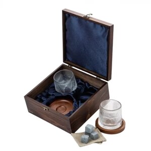 Подарочный набор с камнями для виски в деревянной шкатулке (крутящиеся бокалы с деревянной подставкой) AmiroTrend