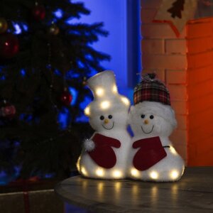 Светодиодная фигура «Снеговики» 22 22 12 см, флок, батарейки CR2032х2, свечение тёплое белое