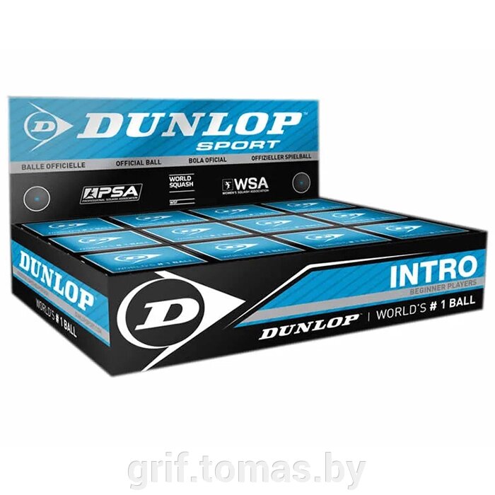 Мяч любительский для сквоша Dunlop Intro 1 Blue (12 мячей в коробке) (арт. 700105) от компании Интернет-магазин товаров для спорта и туризма ГРИФ-СПОРТ - фото 1
