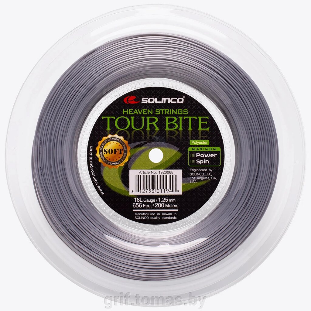 Струна теннисная Solinco Tour Bite Soft 1.3/200 м (серый) (арт. 1920059) от компании Интернет-магазин товаров для спорта и туризма ГРИФ-СПОРТ - фото 1