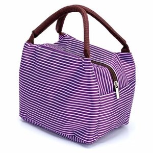 Термосумка для ланч-бокса в полоску «ГОРЯЧИЙ ОБЕД» фиолетовая (NEW Stripe Lunch Box Bag With Handle purple) TK 0261