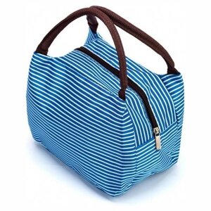 Термосумка для ланч-бокса в полоску «ГОРЯЧИЙ ОБЕД» голубая (NEW Stripe Lunch Box Bag With Handle blue) TK 0266