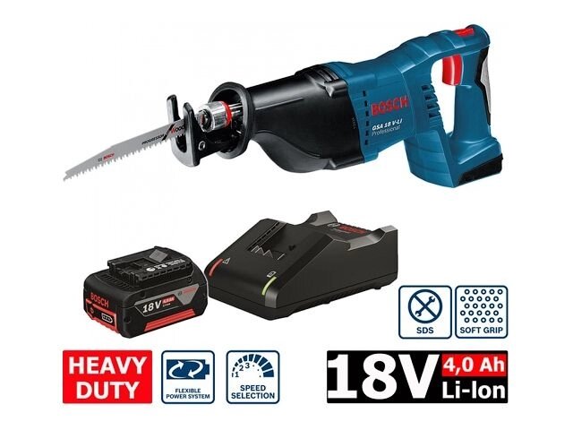 Аккум. сабельная пила BOSCH GSA 18V-LI в кор. (18.0 В, 1 акк., 4.0 А/ч, Li-Ion, дерево до 250 мм, металл до 20 мм) от компании ООО "ИнструментЛюкс" - фото 1