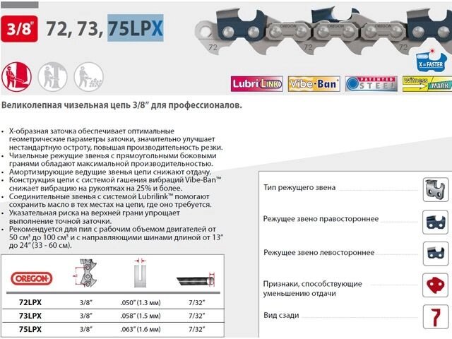 Цепь 40 см 16" 3/8" 1.6 мм 60 зв. 75LPX OREGON (затачиваются напильником 5.5 мм, для проф. интенсивного использования) от компании ООО "ИнструментЛюкс" - фото 1