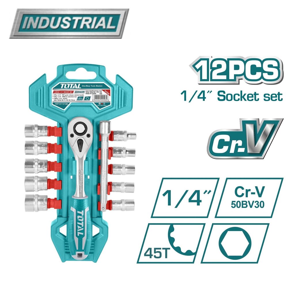 Набор торцевых головок с трещоткой 1/4 " TOTAL THT14114126 (12 предметов) от компании ООО "ИнструментЛюкс" - фото 1