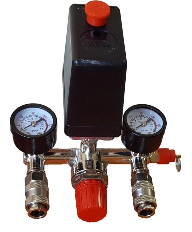 Прессостат поперечный с регулятором давления и быстросъемами для компрессора 8атм (220В) - акции