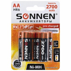 Батарейки аккумуляторные Ni-Mh пальчиковые КОМПЛЕКТ 6 шт., АА (HR6) 2700 mAh, SONNEN,