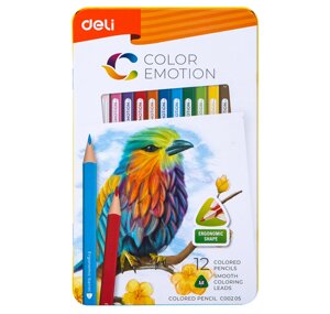 Карандаши Deli Color Emotion NEW, 12 цветов, в металлическом пенале С00205new