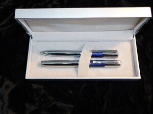 Набор подарочный шариковая ручка и роллер серебристо-синий металл в коробке