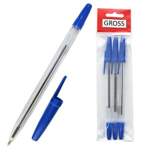 Набор ручек шариковых, синий стержень, 3 шт в блистере, GROSS HR-944бл