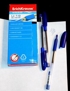 Ручка шариковая масляная ЕrichКrause U-19 cиняя, прозрачный корпус, резиновый грипп