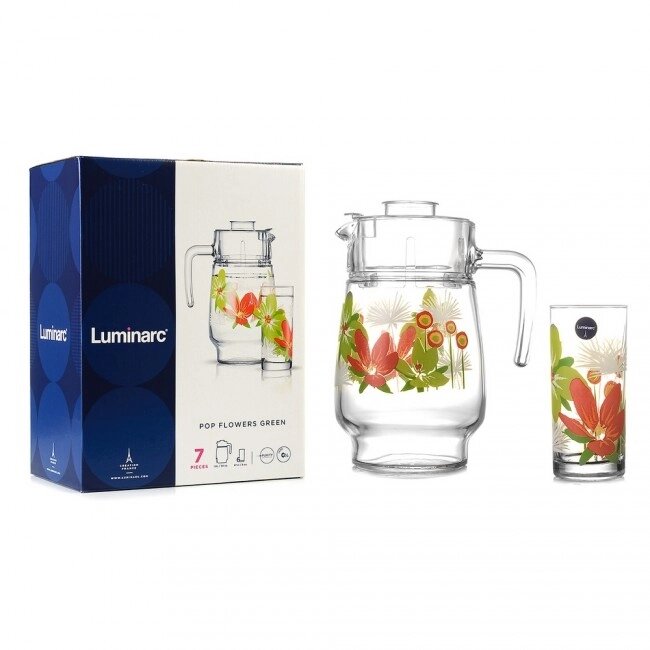 Набор кувшин + стаканы Luminarc Pop Flowers Green N5093 от компании Магазин уютной кухни - фото 1