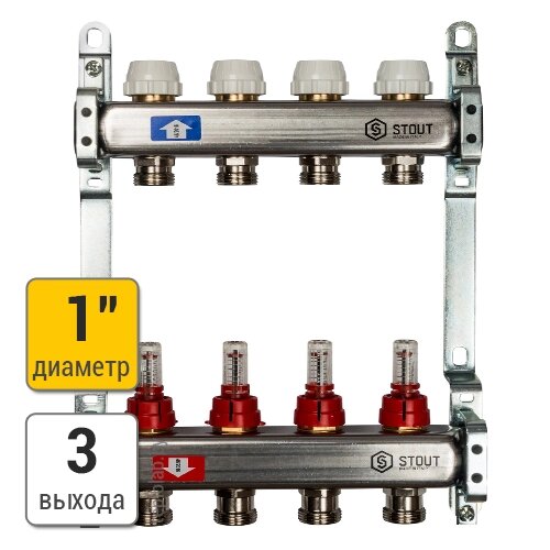 Распределительный коллектор STOUT из нерж. стали, 3 выхода от компании ООО «Лаборатория Тепла» - фото 1