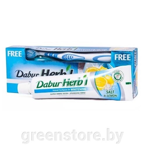 Зубная паста травяная отбеливающая без фтора Dabur Herbl 150г. С зубной щеткой в подарок. - описание