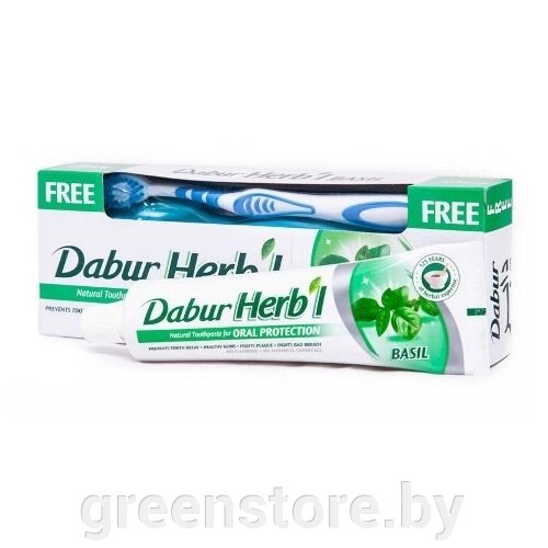 Зубная паста Базилик без фтора Dabur Herbl 150г. С зубной щеткой в подарок. - фото