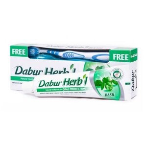 Зубная паста Базилик без фтора Dabur Herbl 150г. С зубной щеткой в подарок.