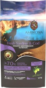 Сухой корм для собак Ambrosia Mediterranean д/взр. собак с ожир. сардина и треска / U/AHSC1.5