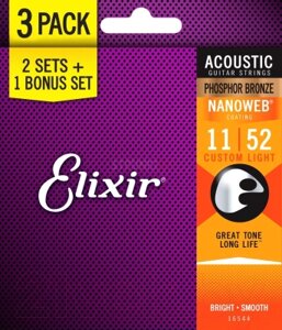 Струны для акустической гитары Elixir Strings 16544 11-52 Phosphor Bronze Nanoweb