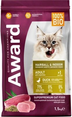 Сухой корм для кошек Award Hairball&Indoor с уткой и индейкой с чечевицей и юкки Шидигера от компании Бесплатная доставка по Беларуси - фото 1