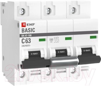 Выключатель автоматический EKF Basic ВА 47-100 3P 63A (C) 10kA / mcb47100-3-63C-bas от компании Бесплатная доставка по Беларуси - фото 1