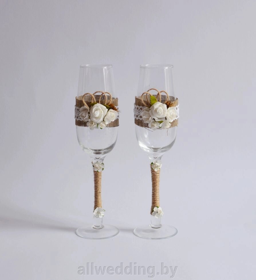 Свадебные бокалы в стиле Рустик от компании Салон цветов и свадебных аксессуаров «Allwedding» в г. Сморгонь - фото 1