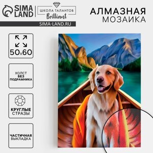 Алмазная вышивка с частичным заполнением "Пёс в лодке" 50x60 см, холст, ёмкость