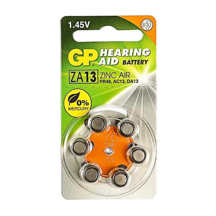 Батарейка цинковая GP, ZA13 (PR48)-6BL, для слуховых аппаратов, 1.45В, блистер, 6 шт. от компании Интернет-гипермаркет «MALL24» - фото 1