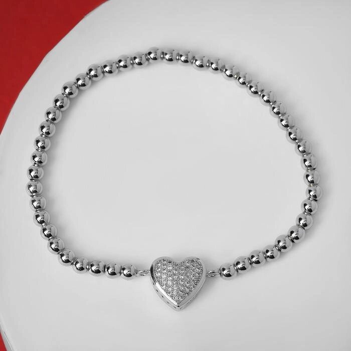 Браслет со стразами "Стиль" сердечко объёмное, цвет белый в серебре, d=8 см от компании Интернет-гипермаркет «MALL24» - фото 1