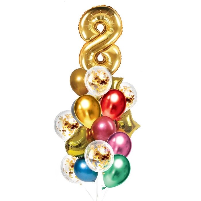 Букет из шаров "День рождения – 8 лет", фольга, латекс, набор 21 шт., цвет золотой от компании Интернет-гипермаркет «MALL24» - фото 1