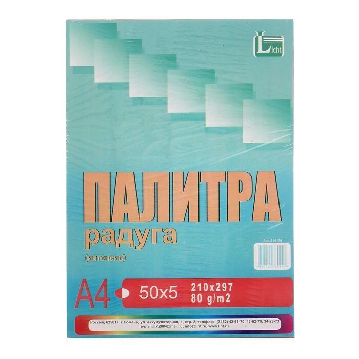 Бумага цветная А4, 250 листов "Палитра радуга" Интенсив, 5 цветов, 80 г/м² от компании Интернет-гипермаркет «MALL24» - фото 1