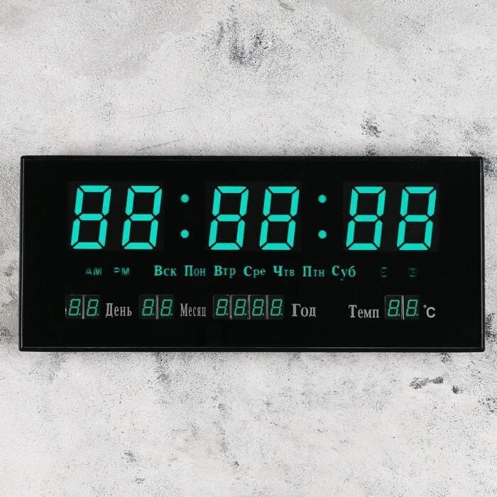 Часы настенные электронные с термометром, будильником и календарём, цифры зеленые, 15х36 см от компании Интернет-гипермаркет «MALL24» - фото 1