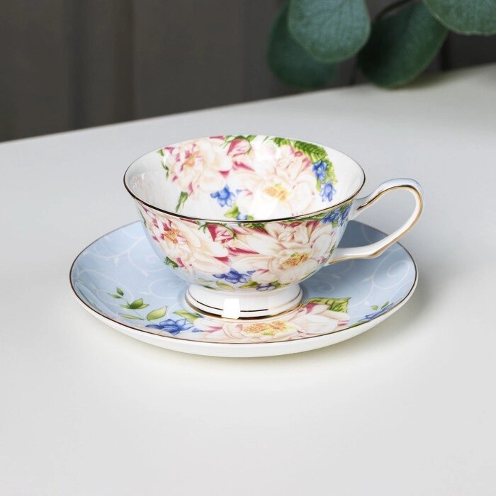 Чайная пара "Чайная роза", чашка 200 мл, блюдце 13,5 см, цвет голубой от компании Интернет-гипермаркет «MALL24» - фото 1