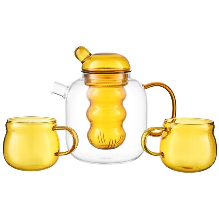 Чайник стеклянный с двумя чашками, цвет жёлтый, 1.2 л от компании Интернет-гипермаркет «MALL24» - фото 1