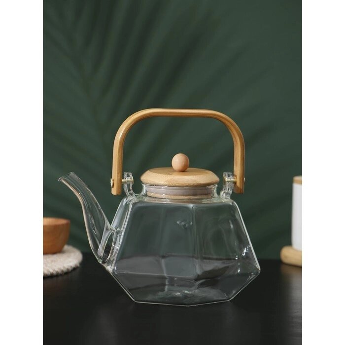 Чайник стеклянный заварочный с бамбуковой крышкой и металлическим фильтром BellaTenero "Октогон", 1,2 л от компании Интернет-гипермаркет «MALL24» - фото 1