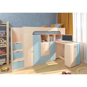 Детская кровать-чердак "Астра 11", цвет дуб молочный / голубой