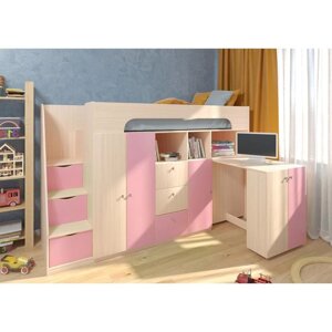 Детская кровать-чердак "Астра 11", цвет дуб молочный / розовый