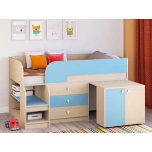 Детская кровать-чердак "Астра 9 V7", выдвижной стол, цвет дуб молочный/голубой