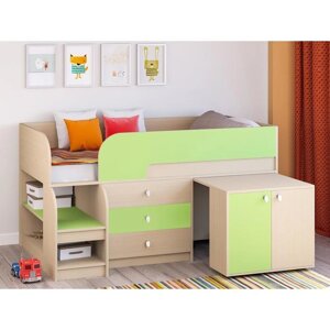 Детская кровать-чердак "Астра 9 V7", выдвижной стол, цвет дуб молочный/салатовый
