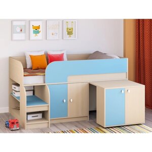 Детская кровать-чердак "Астра 9 V8", выдвижной стол, цвет дуб молочный/голубой