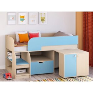 Детская кровать-чердак "Астра 9 V9", выдвижной стол, цвет дуб молочный/голубой