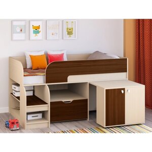 Детская кровать-чердак "Астра 9 V9", выдвижной стол, цвет дуб молочный/орех