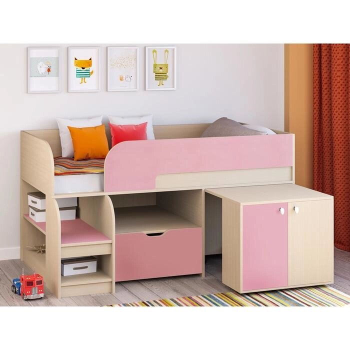 Детская кровать-чердак "Астра 9 V9", выдвижной стол, цвет дуб молочный/розовый от компании Интернет-гипермаркет «MALL24» - фото 1