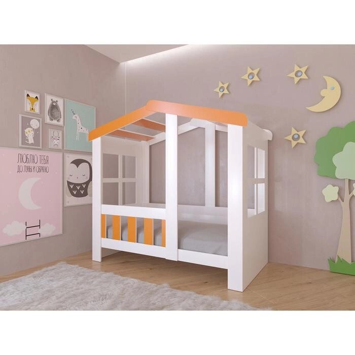 Детская кровать-чердак "Астра домик", без ящика, цвет белый / оранжевый от компании Интернет-гипермаркет «MALL24» - фото 1